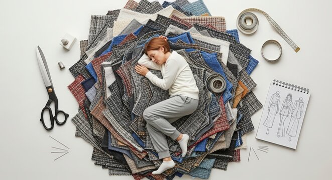 Woman Sleeping Amidst Fabric and Sewing Tools.