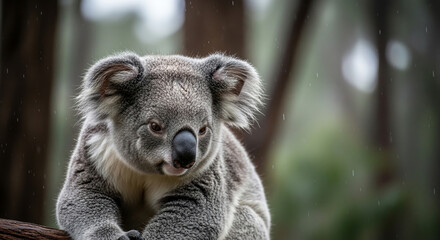Fototapeta premium Close-up portrait of a sleepy koala resting on a branch in a natural Australian forest habitat with green foliage and soft, natural light.