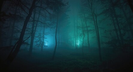 Neon illuminated enchanted forest scene with a dreamy foggy atmosphere and shadowy tree outlines