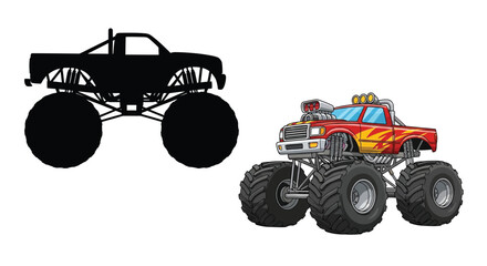 Cartoon illustration of a monster truck shown in silhouette and color © Tm Studio