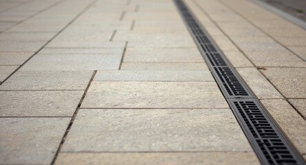 Stone tile pedestrian route incorporating black drainage grates