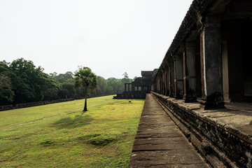 Fototapeta premium Split Composition of Ancient Stone Angkor Wat Temple and Lush Green Tropical Jungle in Cambodia