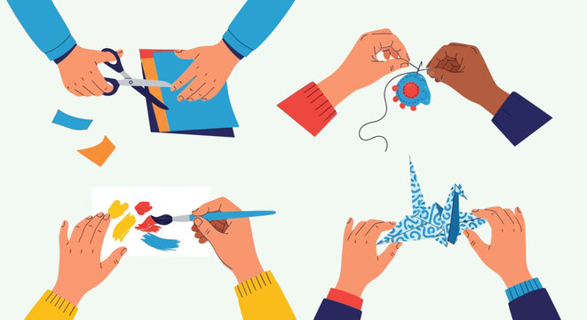 Diverse hands creating art together with scissors, paper, and other craft supplies in a collaborative environment