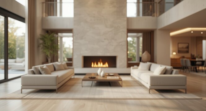 Modern stylish living room with fireplace glow and spacious copyspace for headers