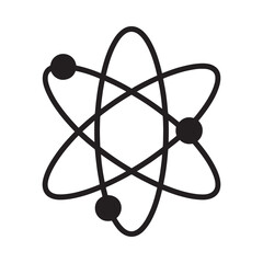 Simple black and white illustration depicting an atomic structure with orbiting particles