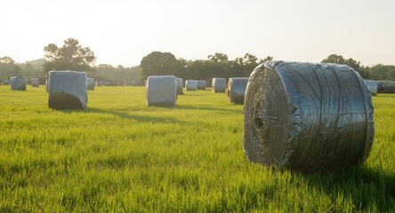 Obraz premium Bright afternoon with cylindrical hay bales wrapped in plastic, standing on lush green farmland, vertical view