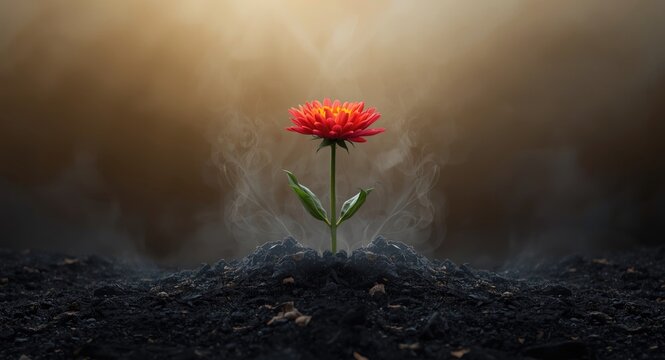 Rising flower from ashes illustrating hope and fearless beauty