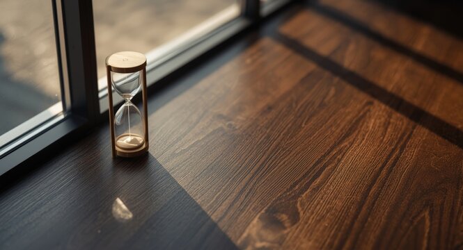 Urgency in business deadlines illustrated by sandglass and egg timer on wood floor
