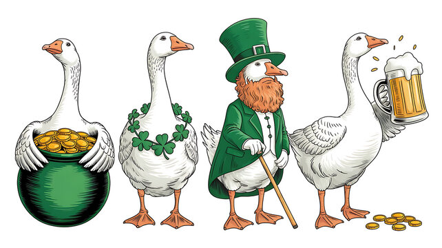 Four Geese Celebrate with Gold and Beer