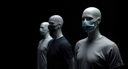 Set of mannequins in surgical masks emphasizing safety on black display background