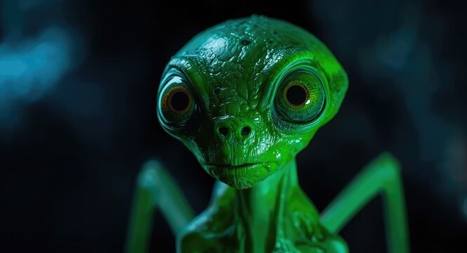 startled emerald space invader with curious look