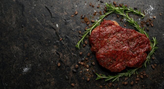 Overhead view of organic beef steak seasoned with herbs on dark surface with copy space