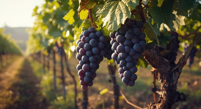 Juicy grapes dangling from grapevine in a well-tended vineyard setting