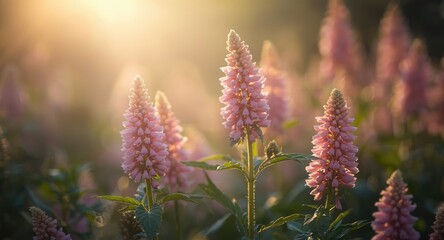Obraz premium Filtered sunlight creating peaceful mood over flourishing pink Amaranth flowers in garden