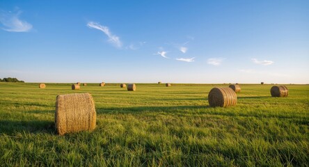 Fototapeta premium Open green field with hay bales positioned throughout under a bright clear sky