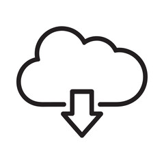 Simple black and white line drawing of a cloud with a download arrow