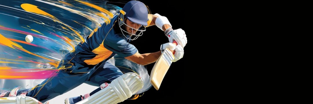 Stylized cricket batsman hitting ball with dynamic paint motion. Concept of creative cricket action, energy, movement, modern sports illustration, digital art for advertising and media. Banner