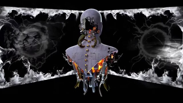 Futuristic 3D animation loop VJ video featuring a robot DJ in a dark, smoky environment, perfect for electronic music events and digital art displays