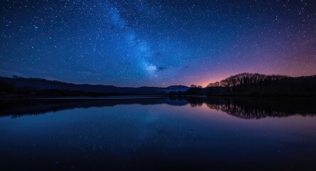 Fototapeta premium Starry night dreamscape showing calm lake and water reflections