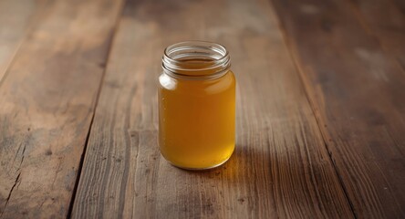 Clear glass jar of chicken broth displayed on distressed wood table