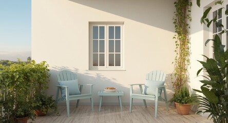 Fototapeta premium Serene balcony scene with two blue chairs and a bright cheerful swing window by a white cement wall