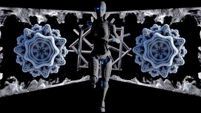 Dynamic 3d animation of a futuristic robot performing in a vibrant VJ loop, perfect for DJ sets and immersive 3d video experiences, an abstract motion graphics spectacle