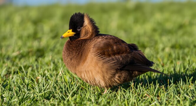 Lively pet nene bird in a full length summer day view on fresh green grass lawn