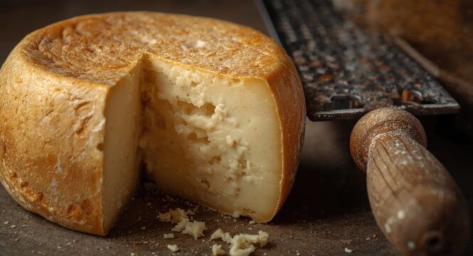 Macro capture of mature Pecorino cheese and vintage-style grater