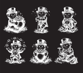 Collection of cute leprechauns on a black background with chalk. St. Patrick's Day vector set © bleskk