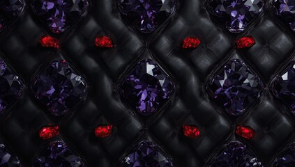 Naklejka premium Detailed close-up of a luxurious dark quilted fabric adorned with sparkling gemstones.