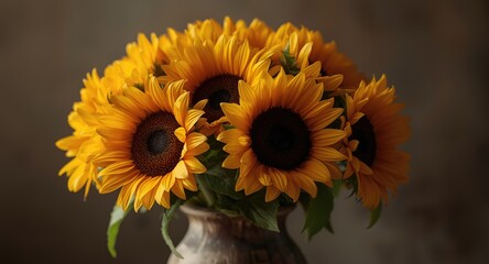 Obraz premium Rustic sunflower bouquet artfully arranged in a vase with soft selective focus and copy space for celebrations