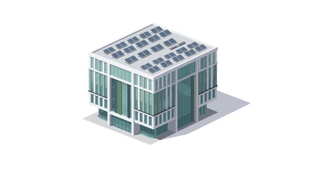 3D illustration of a modern office building with solar panels on the roof.