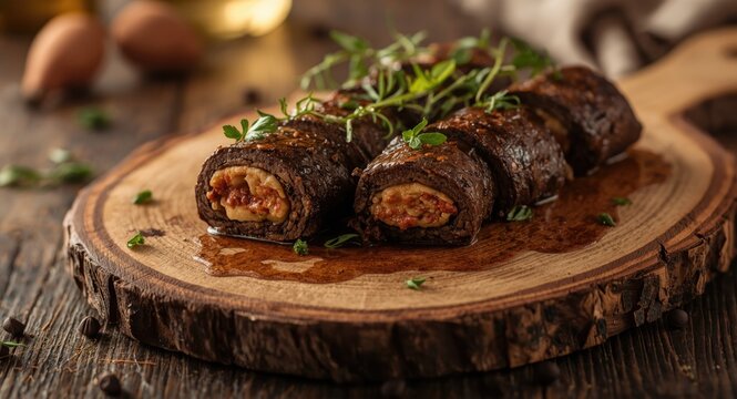 Delicious stuffed beef roulades presented on organic wood serving board