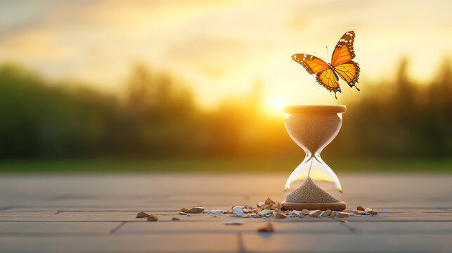 Butterfly hourglass sand broken transformation freedom nature sunlight hope sunrise symbolize change and new beginnings with butterfly emerging from shattered hourglass in serene outdoor setting
