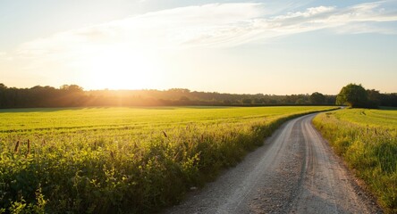Idyllic rural scenery featuring a gravel lane among flourishing green fields and distant woodlands below a clear sky with copy space
