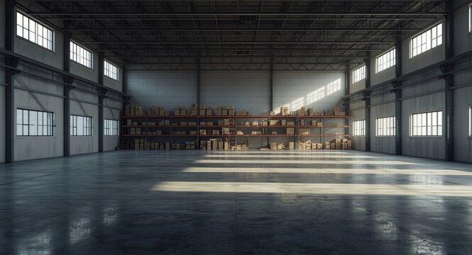 Wide open rentable warehouse space with box filled racks and visible copy space for text