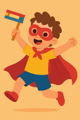 Flat vector playful child wearing superhero cape and mask, holding grogger, Purim costume vibe