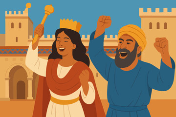 Flat vector triumphant scene of Esther and Mordecai together, celebrating victory over Haman, palace background