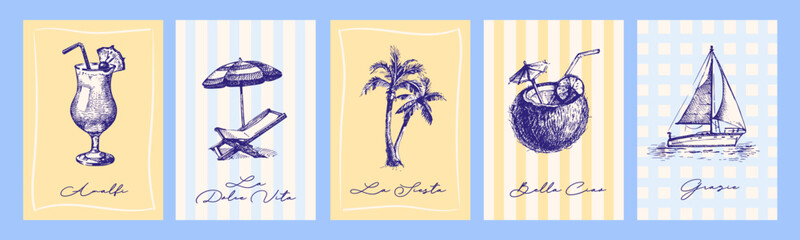 Vintage summer Mediterranean coastal poster set. Hand drawn vector illustration. Sketch retro vacation banners. © pim