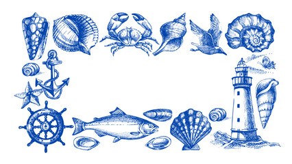Vintage summer sea set. Retro sketch nautical vacation frame. Hand drawn vector illustration. Marine stickers © pim