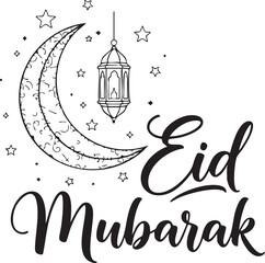 Elegant Eid Mubarak Calligraphy Vector with Crescent Moon and Islamic Lantern Line Art Illustration