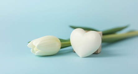 White tulip heart motif accompanied by gift box on a tranquil light blue background for Valentine and Mothers Day templates