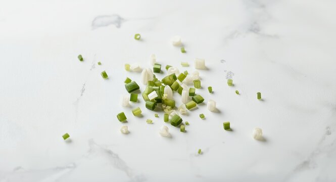 Small diced scallion segments on a clean white tabletop