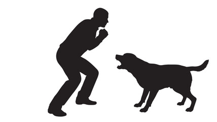Man confronting aggressive dog silhouette with defensive stance and barking canine, isolated black shapes on white background for warning, security and danger concept