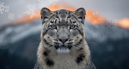 Fototapeta premium Snow leopard portrait enhanced by intricate double exposure overlay