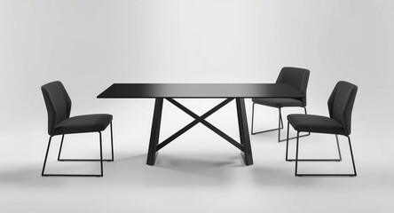 Fototapeta premium Sleek furniture and AI designed black glass steel table set in a modern room with white background