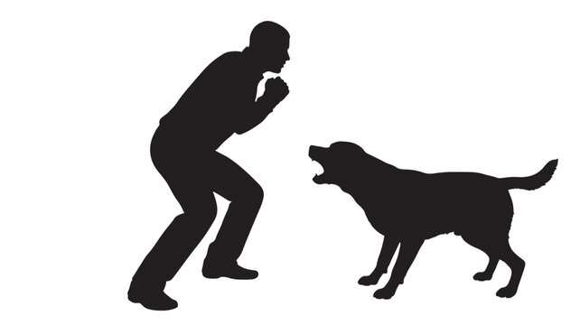 Man confronting aggressive dog silhouette with defensive stance and barking canine, isolated black shapes on white background for warning, security and danger concept