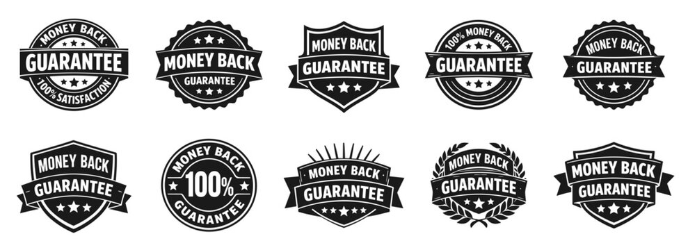 Money back guarantee badges icon collection in black. Features refund, satisfaction, and guarantee symbols. Designed for e commerce and customer trust