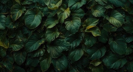 Fototapeta premium Dense tropical plant texture background with layered leaves and room for graphics