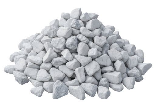 large pile of premium white marble chips (1-3cm aggregate) with crystalline texture and cool gray veining, isolated on a seamless transparent studio background with copy space for luxury construction
